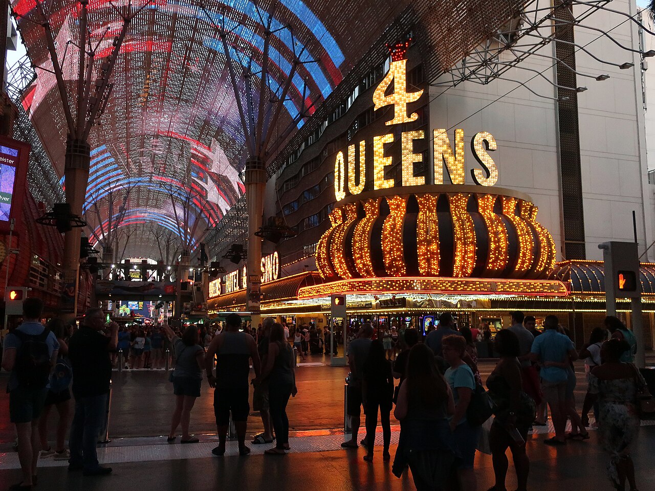 Fremont Street Experience canopy and illuminated Four Queens sign, photographed in 2018