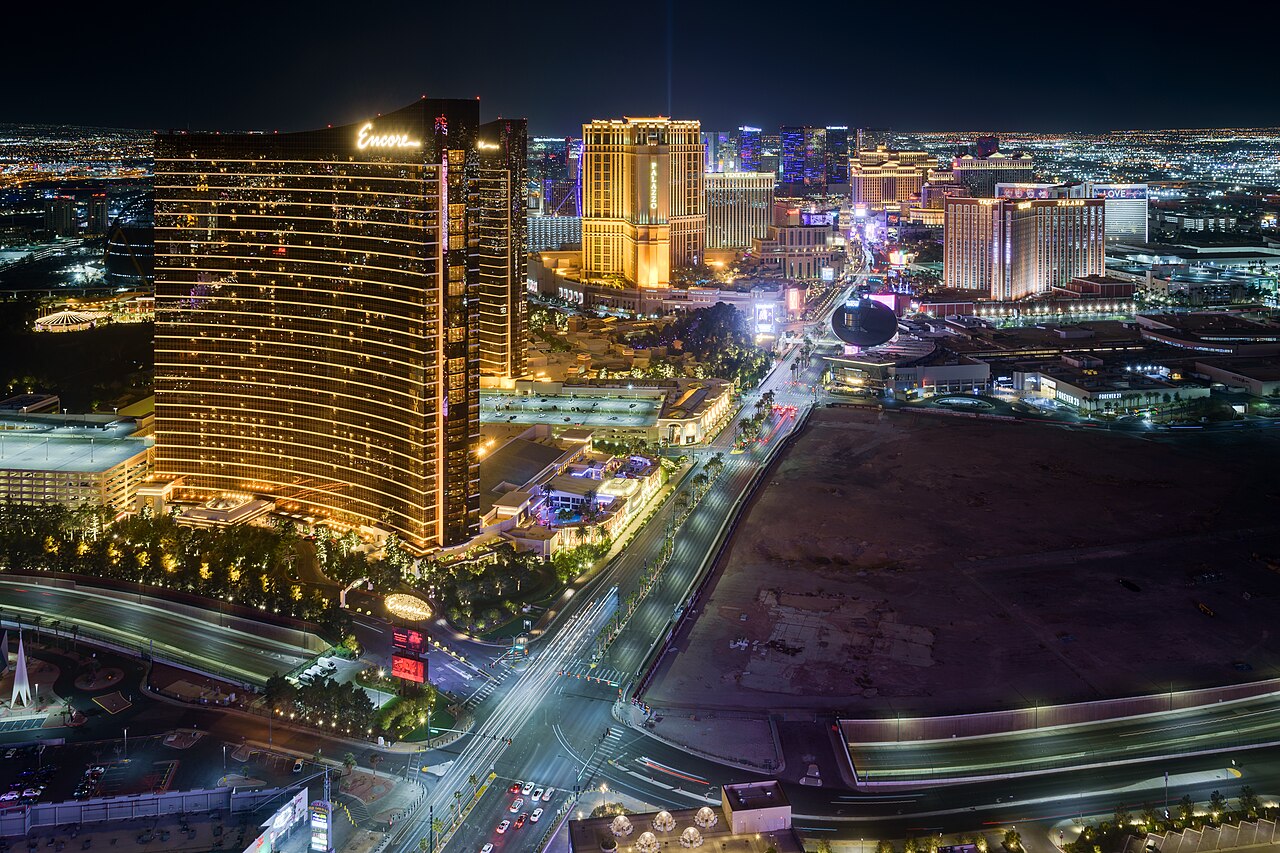 Nighttime skyline of the Las Vegas Strip from Resorts World, photographed in February 2023
